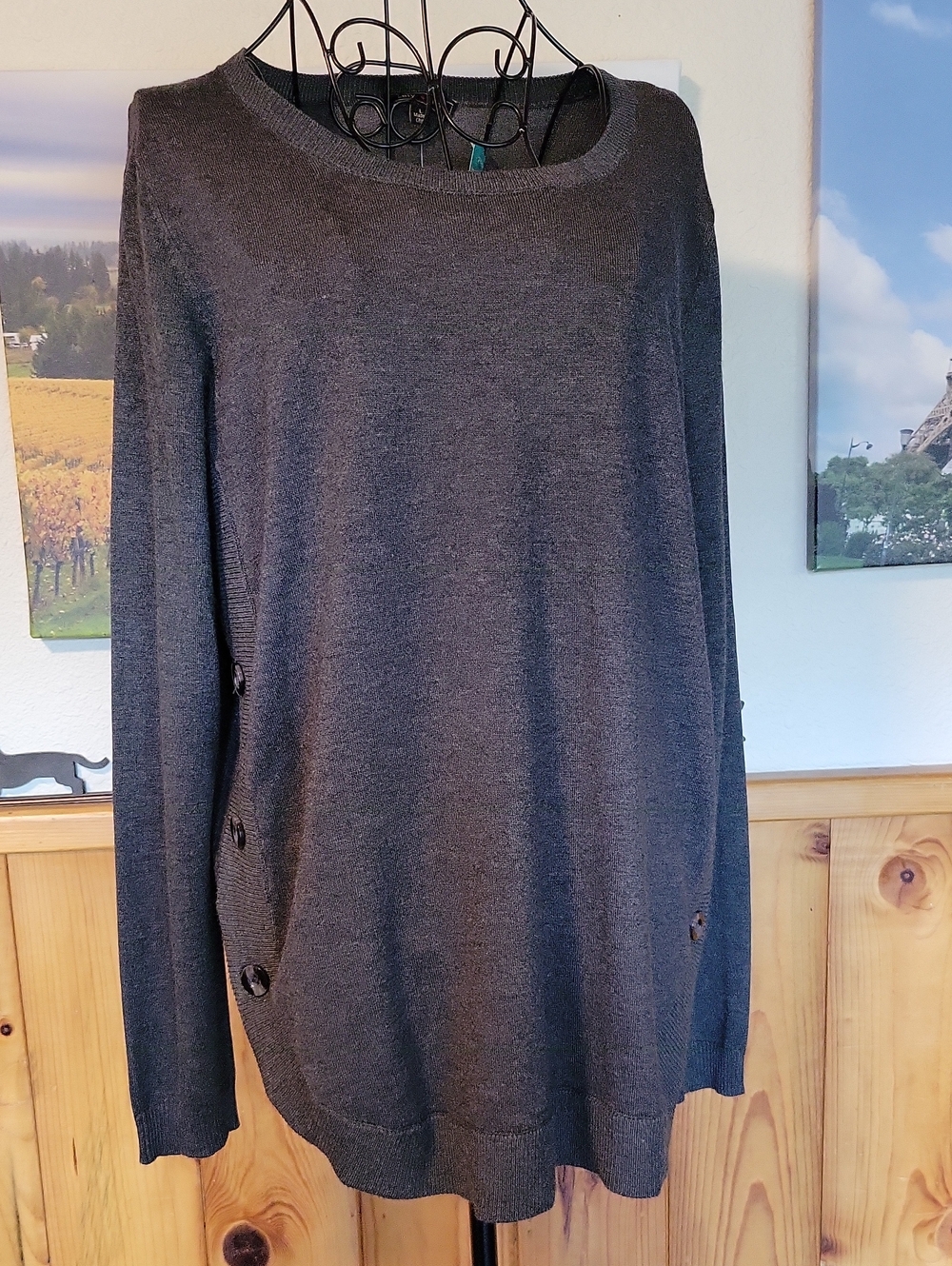 Women's Dark Gray Crewneck Sweater with Side Button Detail